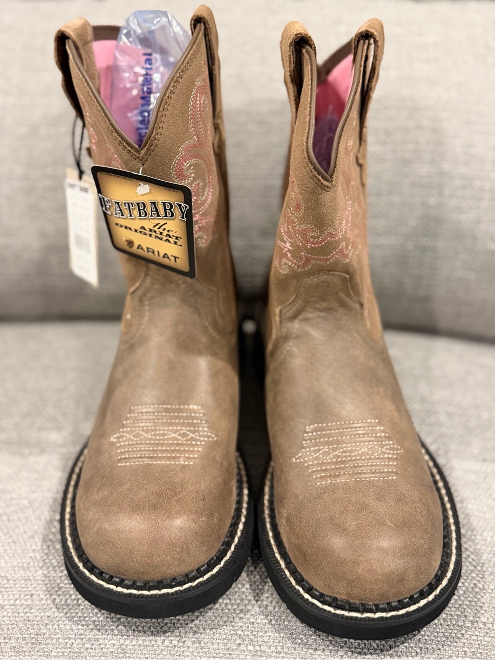 Ariat Fatbaby Lace-Up Work Boots in Brown with Pink Stitching